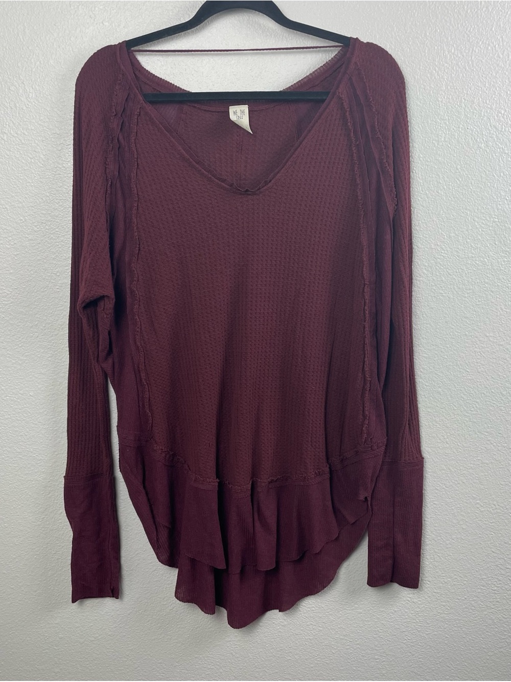 We The Free Burgundy V-Neck Waffle Knit Long Sleeve Top